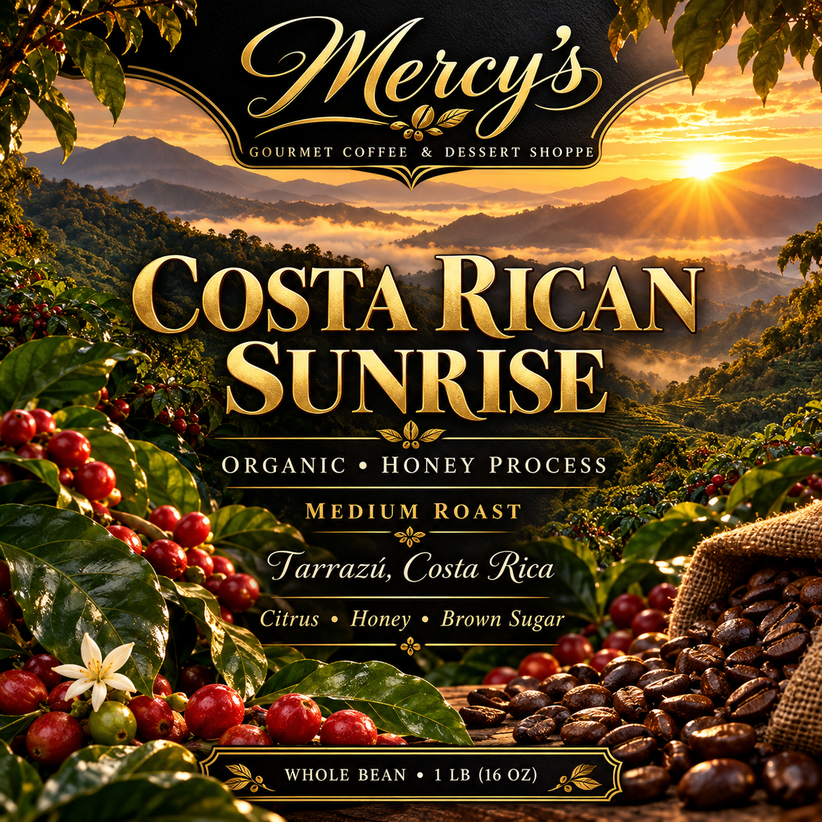 Mercy’s Organic Costa Rican Sunrise — Medium Roast Whole Bean Coffee, 1 lb