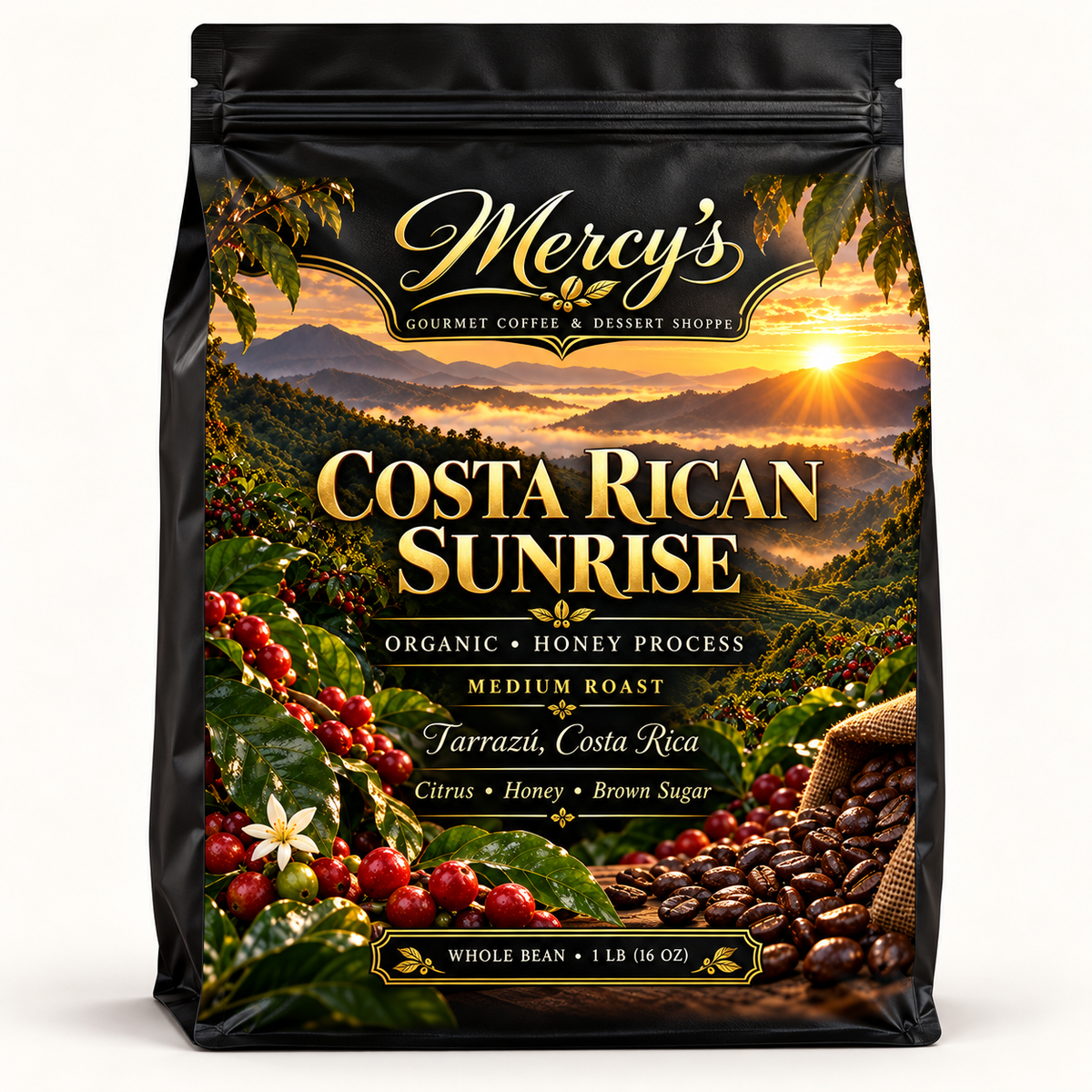 Mercy’s Organic Costa Rican Sunrise — Medium Roast Whole Bean Coffee, 1 lb
