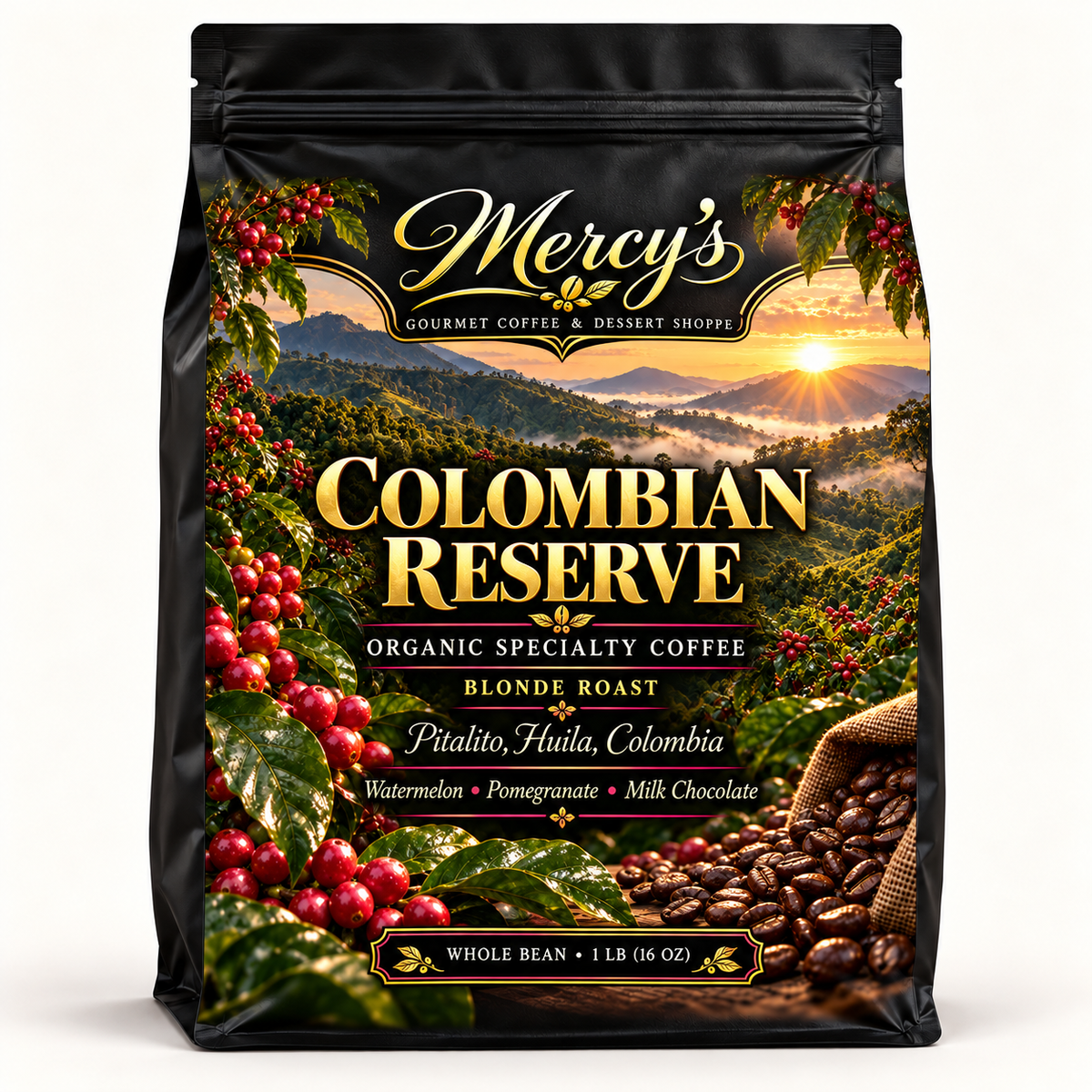 Mercy’s Organic Colombian Reserve — Blonde Roast Whole Bean Coffee, 1 lb