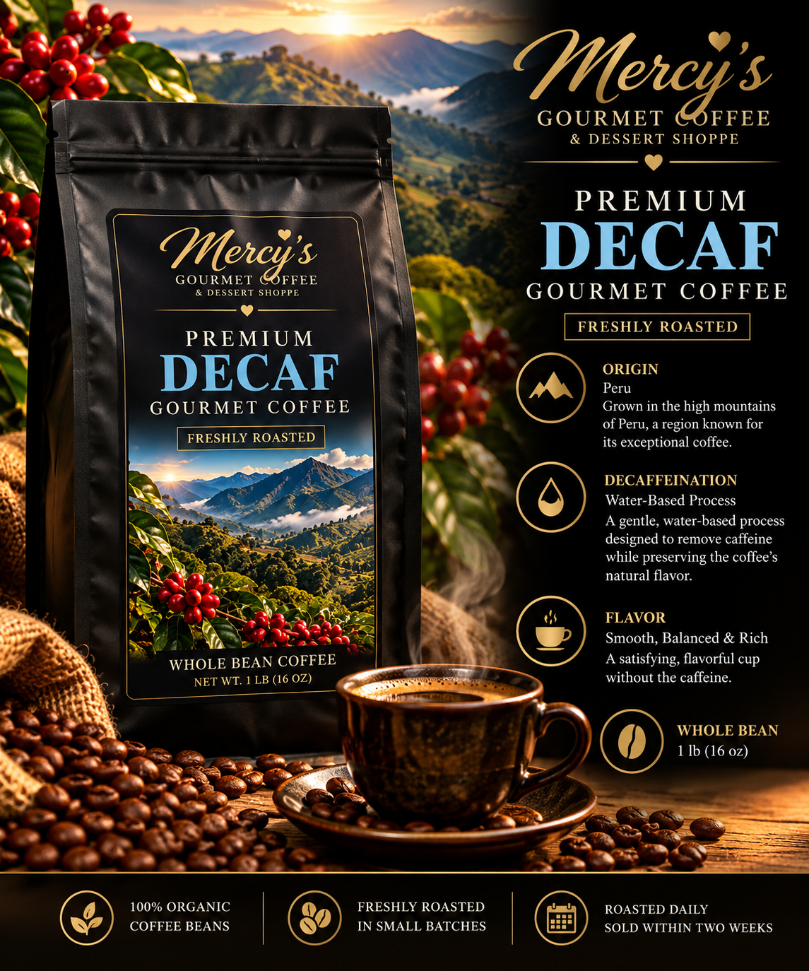 Mercy's Gourmet Coffee – Premium Decaf | Freshly Roasted – 1 lb