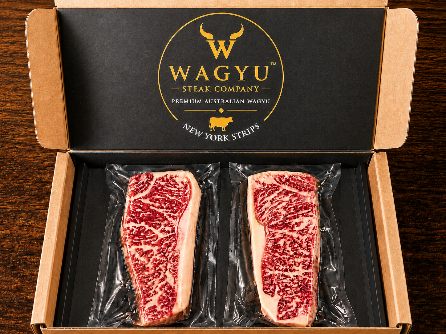 Australian Wagyu New York Strip 8-10 BMS premium gift box with two 20 oz steaks