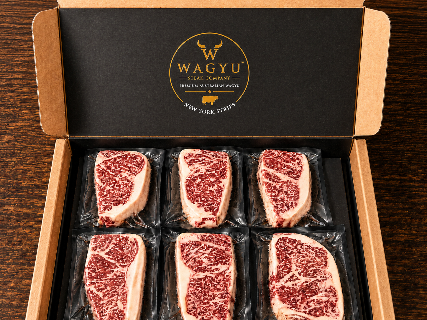 Australian Wagyu New York Strip 8-10 BMS premium gift box with eight 20 oz steaks